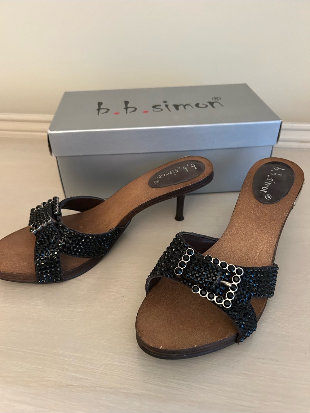 B.B. Simon Black Rhinestone Buckle Slide Mules